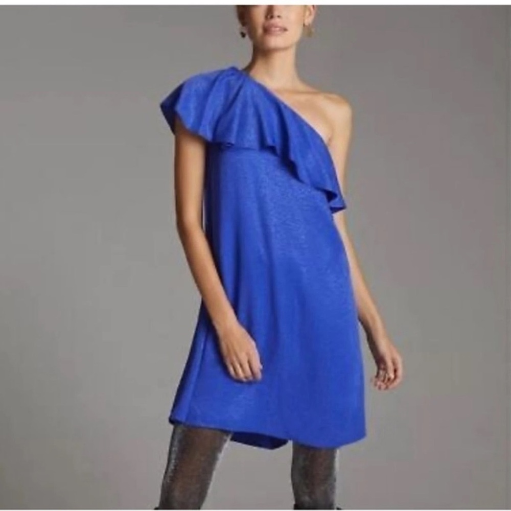 Anthropologie Blue Ruffled One Shoulder Mini Animal Print Dress Size 20W NWT‎